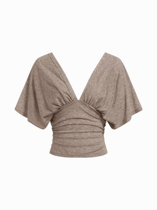 V-neck Batwing Sleeve Ruched Slim Tee