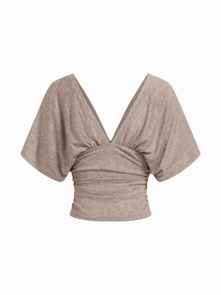 V-neck Batwing Sleeve Ruched Slim Tee