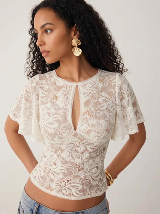 Lace Floral  Bell Sleeve Cut Out Top