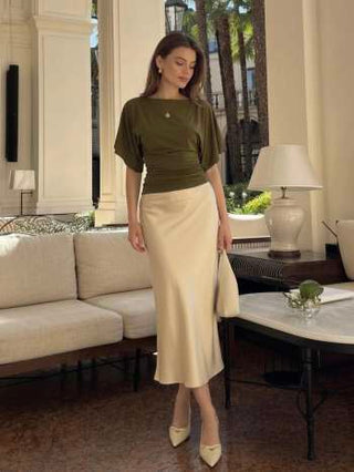 Modal-blend Boat Neck Short Sleeve Cut Out Ruched Top