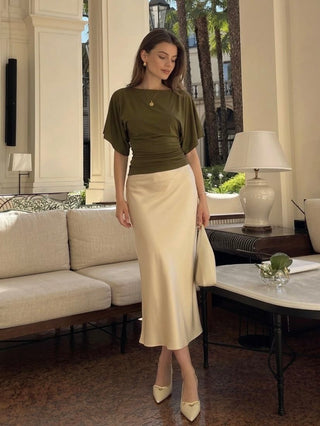 Modal-blend Boat Neck Short Sleeve Cut Out Ruched Top