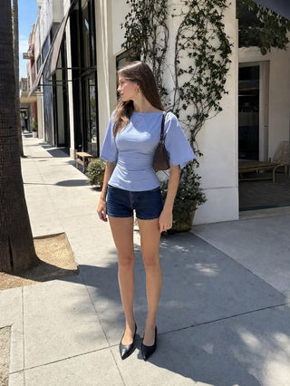 Modal-blend Boat Neck Short Sleeve Cut Out Ruched Top