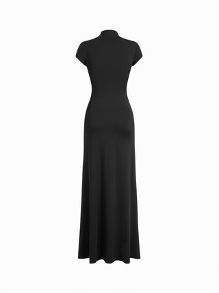 High Neck Asymmetrical Cut Out Split A-line Maxi Dress