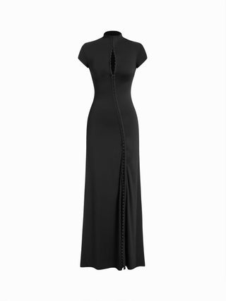 High Neck Asymmetrical Cut Out Split A-line Maxi Dress