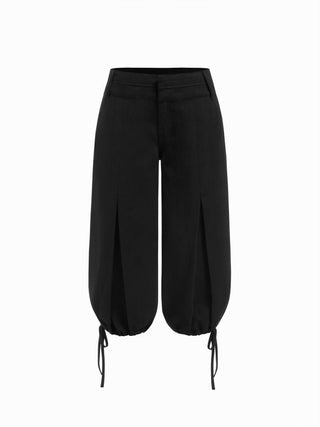 Washed Denim Low Rise Drawstring Hem Pleated Oversized Jogger Bermuda Jorts