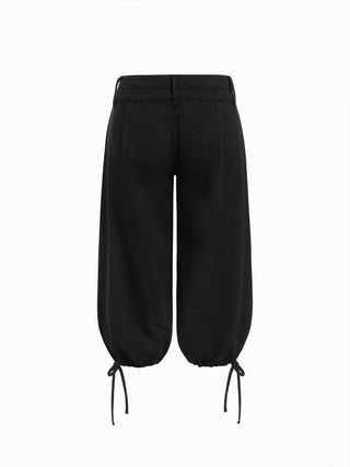 Washed Denim Low Rise Drawstring Hem Pleated Oversized Jogger Bermuda Jorts