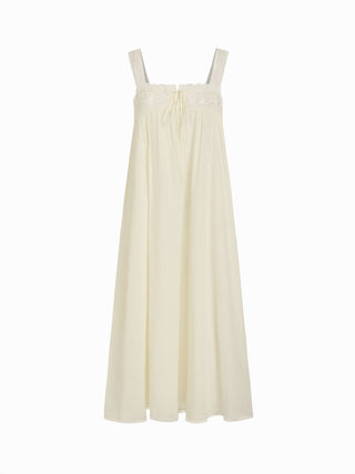 Cotton Square Neck Lace Trim Bowknot Maxi Dress