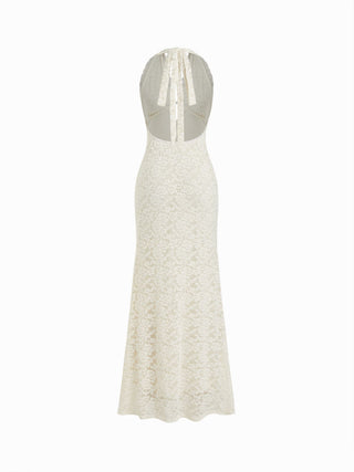 Lace Halter V-neck Cut Out Bowknot A-line Maxi Dress