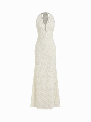 Lace Halter V-neck Cut Out Bowknot A-line Maxi Dress