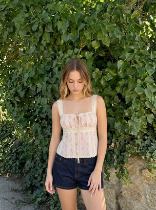 Cotton Floral Stripe Square Neck Lace Trim Ruched Tie Front Tank Blouse