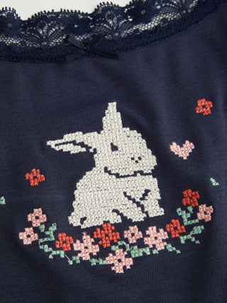 Bunny Graphic Sweetheart Neck Embroidery Lace Trim Bowknot Cami Top