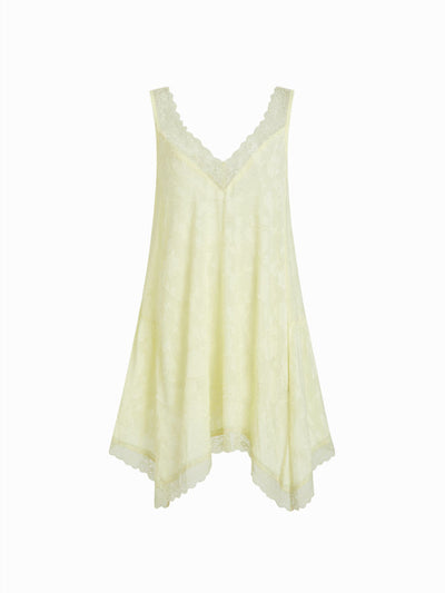 Jacquard Floral V-neck Lace Trim Hanky Hem Midi Nightdress