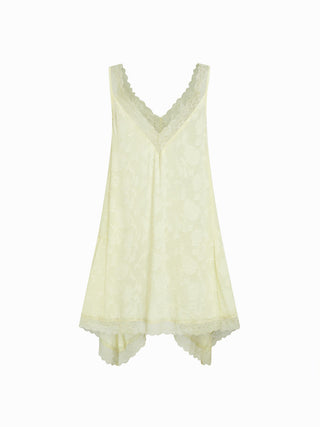 Jacquard Floral V-neck Lace Trim Hanky Hem Midi Nightdress