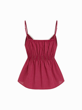 Cotton Gingham Square Neck Lace Trim Cami Top & Mid Rise Shorts Loungewear Set