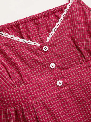 Cotton Gingham Square Neck Lace Trim Cami Top & Mid Rise Shorts Loungewear Set