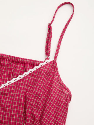 Cotton Gingham Square Neck Lace Trim Cami Top & Mid Rise Shorts Loungewear Set