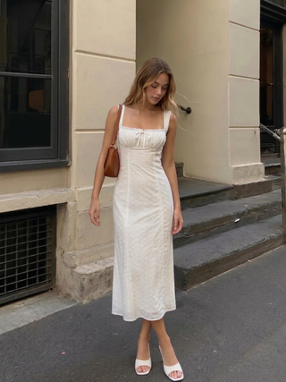 Cotton Eyelet Square Neck Bowknot Mermaid Maxi Dress