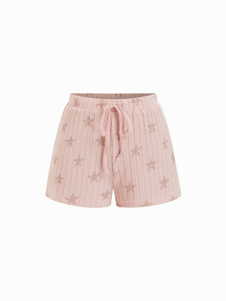 Textured Star Graphic Crop Top & Mid Rise Drawstring Shorts Loungewear Set