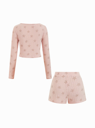 Textured Star Graphic Crop Top & Mid Rise Drawstring Shorts Loungewear Set