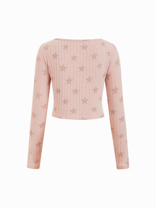Textured Star Graphic Crop Top & Mid Rise Drawstring Shorts Loungewear Set