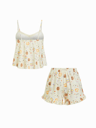 Dessert Graphic V-neck Lace Trim Cami Top & Mid Rise Ruffle Wide Leg Shorts Loungewear Set