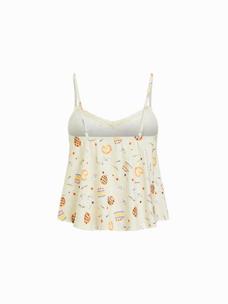 Dessert Graphic V-neck Lace Trim Cami Top & Mid Rise Ruffle Wide Leg Shorts Loungewear Set