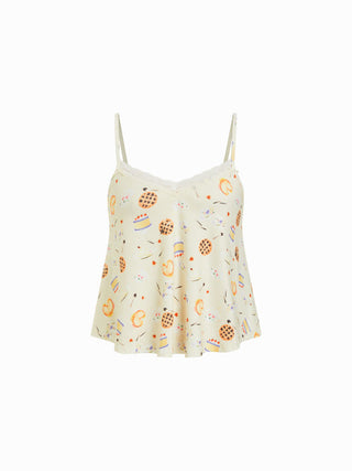 Dessert Graphic V-neck Lace Trim Cami Top & Mid Rise Ruffle Wide Leg Shorts Loungewear Set