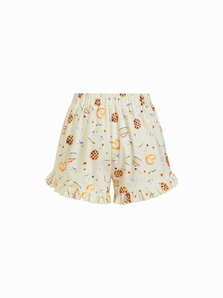 Dessert Graphic V-neck Lace Trim Cami Top & Mid Rise Ruffle Wide Leg Shorts Loungewear Set