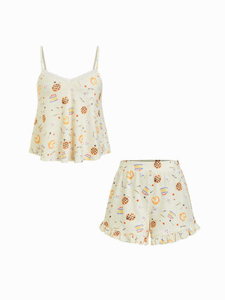 Dessert Graphic V-neck Lace Trim Cami Top & Mid Rise Ruffle Wide Leg Shorts Loungewear Set
