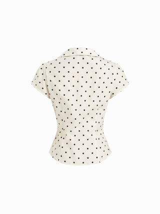 Cotton Polka Dot Puff Sleeve Bowknot Blouse with Belt