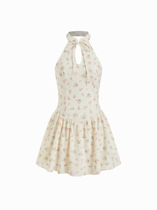 Ditsy Floral Graphic Stand Collar Cut Out Bowknot Flared Mini Dress