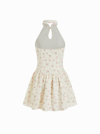 Ditsy Floral Graphic Stand Collar Cut Out Bowknot Flared Mini Dress