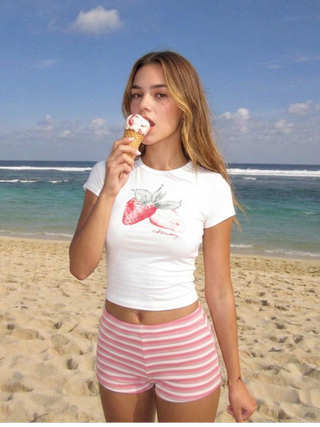 Strawberry Graphic Round Neck Tee and Striped Shorts Set