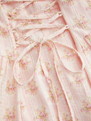 Cotton-blend Textured Floral Sweetheart Ruffle Lace Up Flared Maxi Dress