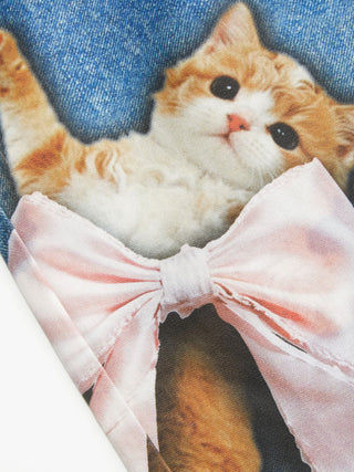 Denim Mid Rise Cat Graphic Bowknot Metal Detail Regular Jeans