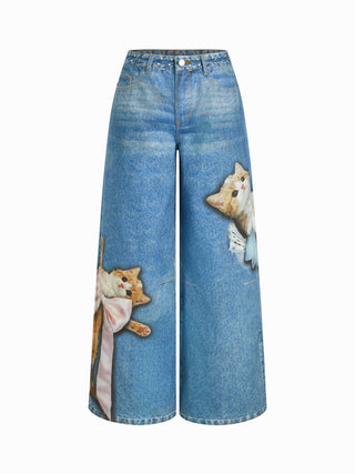 Denim Mid Rise Cat Graphic Bowknot Metal Detail Regular Jeans