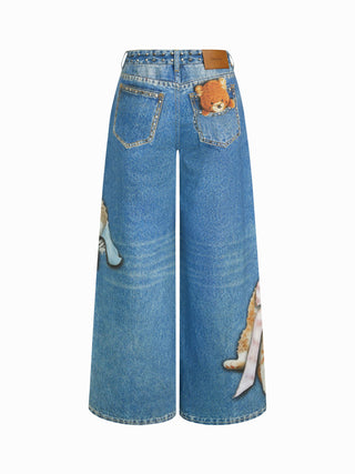 Denim Mid Rise Cat Graphic Bowknot Metal Detail Regular Jeans