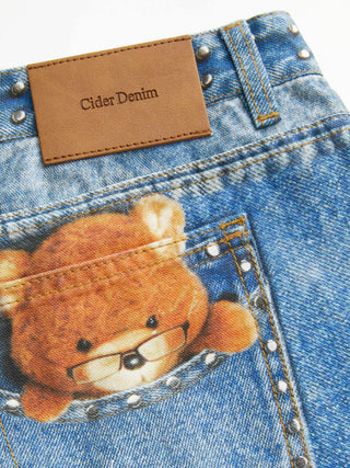 Denim Mid Rise Cat Graphic Bowknot Metal Detail Regular Jeans