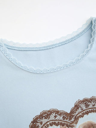 Cotton-blend Heart Bunny Graphic Lace Trim Tee