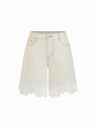 Denim Mid Rise Lace Trim Metal Detail Shorts
