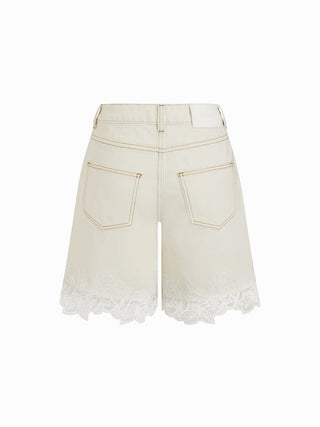 Denim Mid Rise Lace Trim Metal Detail Shorts