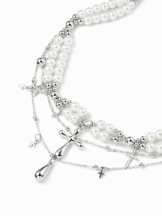FAUX PEARL & CROSS LAYERED NECKLACE