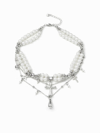 FAUX PEARL & CROSS LAYERED NECKLACE