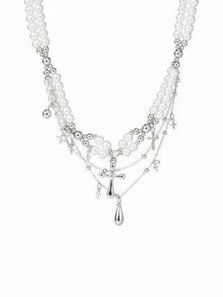 FAUX PEARL & CROSS LAYERED NECKLACE