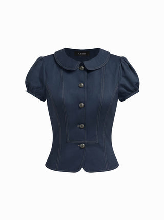 Cotton-blend Peter Pan Collar Puff Sleeve Blouse