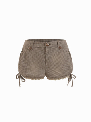 Jacquard Low Rise Houndstooth Lace Trim Bowknot Bloomer Micro Shorts