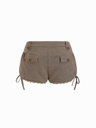 Jacquard Low Rise Houndstooth Lace Trim Bowknot Bloomer Micro Shorts