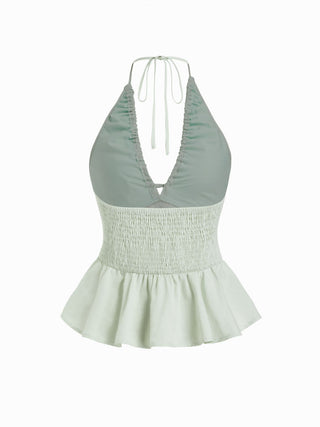 Cotton-blend Striped Halter Neckline Drawstring Peplum Hem Top