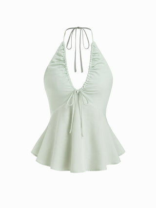 Cotton-blend Striped Halter Neckline Drawstring Peplum Hem Top