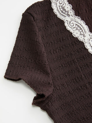 Textured V-neck Lace Trim Tie Front Short Sleeve Blouse